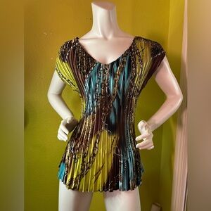 Milano Green & Blue V-neck Pleated Sleeveless Blouse